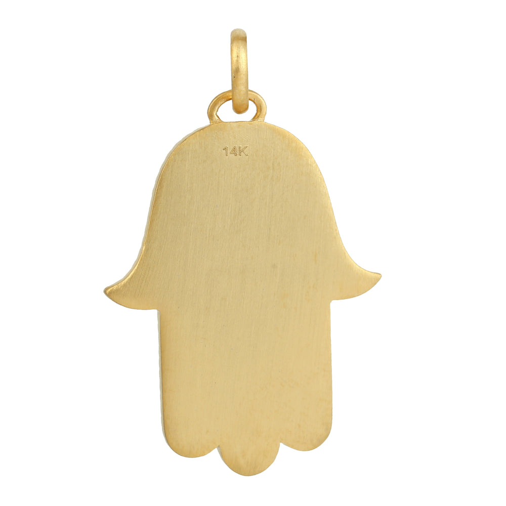 Bezel Set Diamond Hamsa Hand & Evil Eye Enamel Pendant In 14k Yellow Gold For Gift