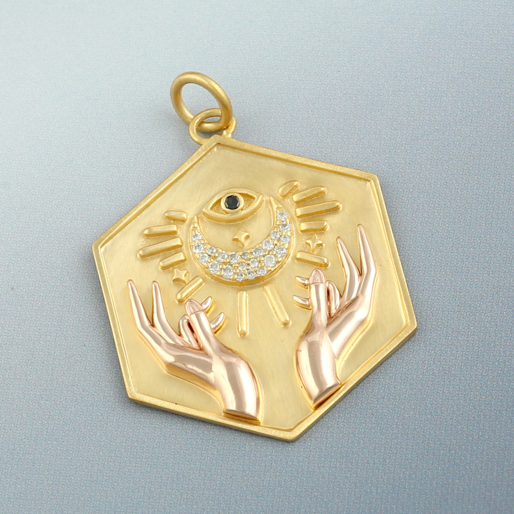 Pave Diamond Half Moon & Evil Eye Two Hand Pendant In 14k Yellow Rose Gold