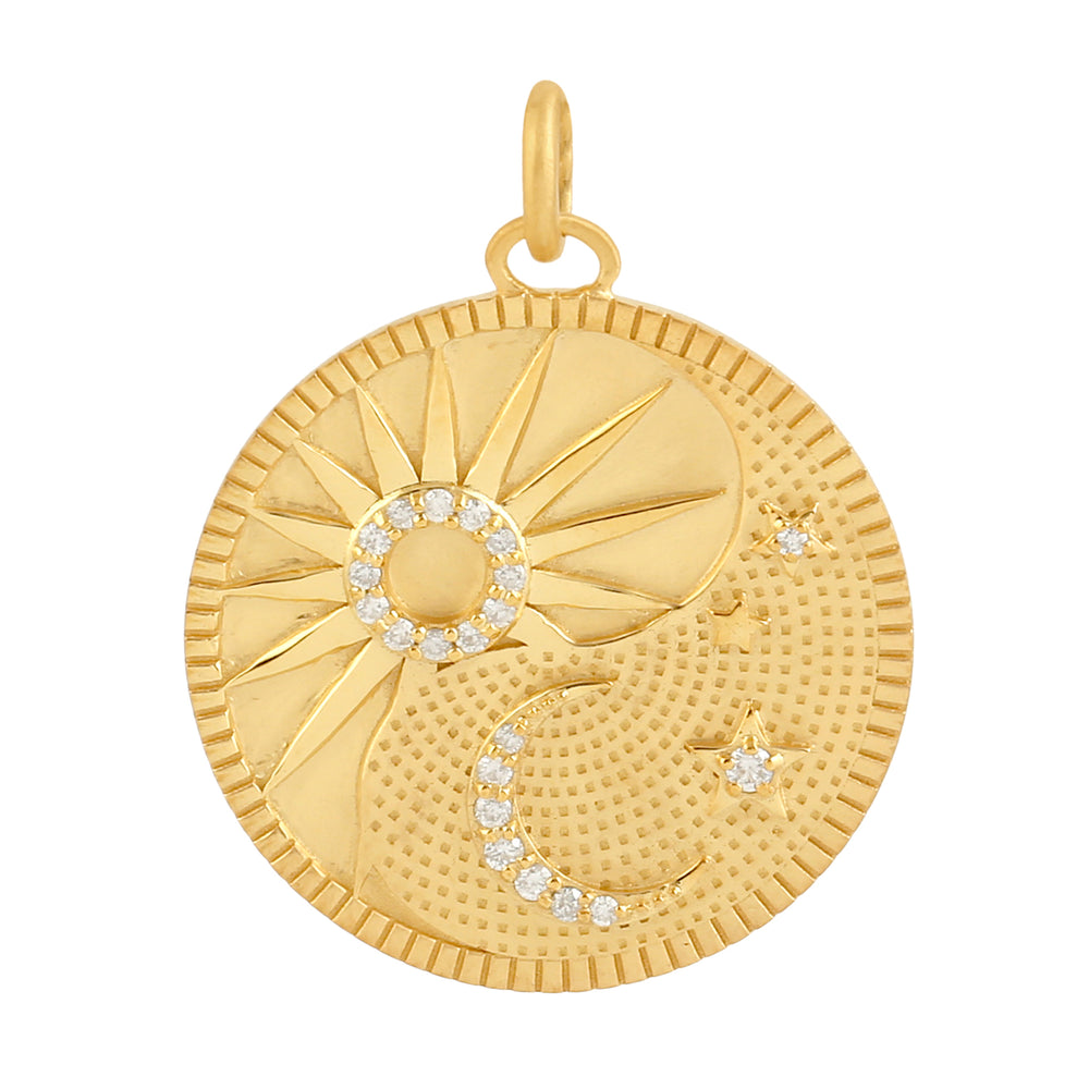 14k Yellow Gold Crescent Moon Sun And Star Pendant Pave Diamond