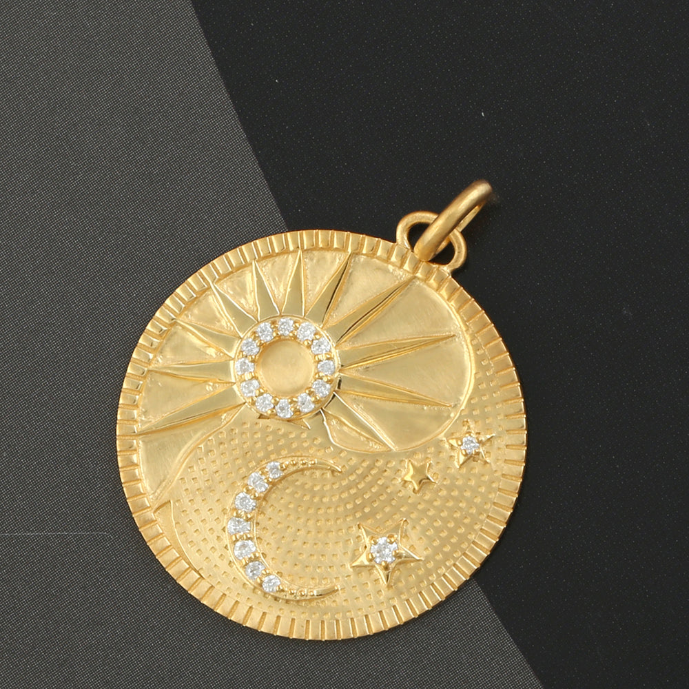 14k Yellow Gold Crescent Moon Sun And Star Pendant Pave Diamond