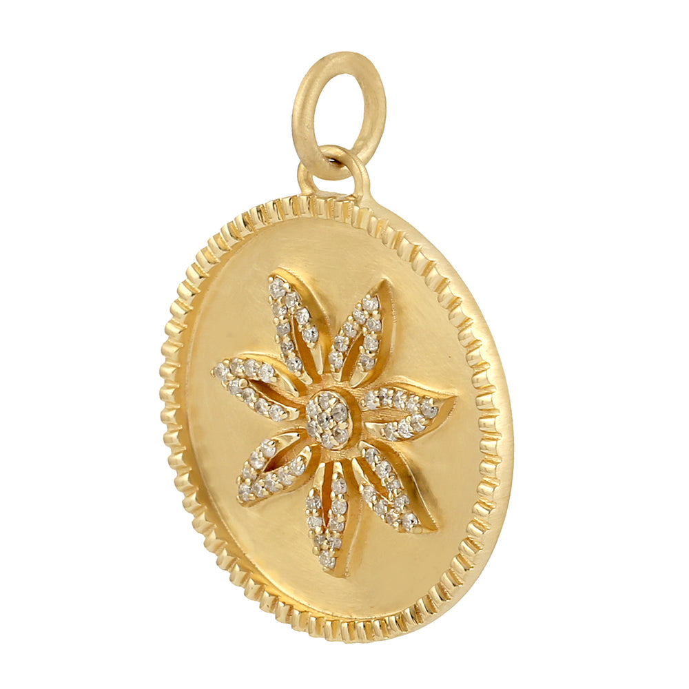 14k Yellow Gold Pave Diamond Flower Pendant Handmade Jewelry