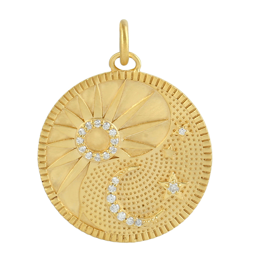 Pave Diamond In 18k Yellow Gold Sun and Moon Star Disc Charm Pendant