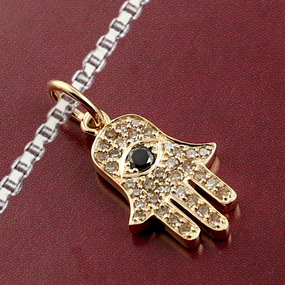 Studded Black & Diamond Hamsa & Evil Eye Charm Pendant In 18k Yellow Gold For Gift