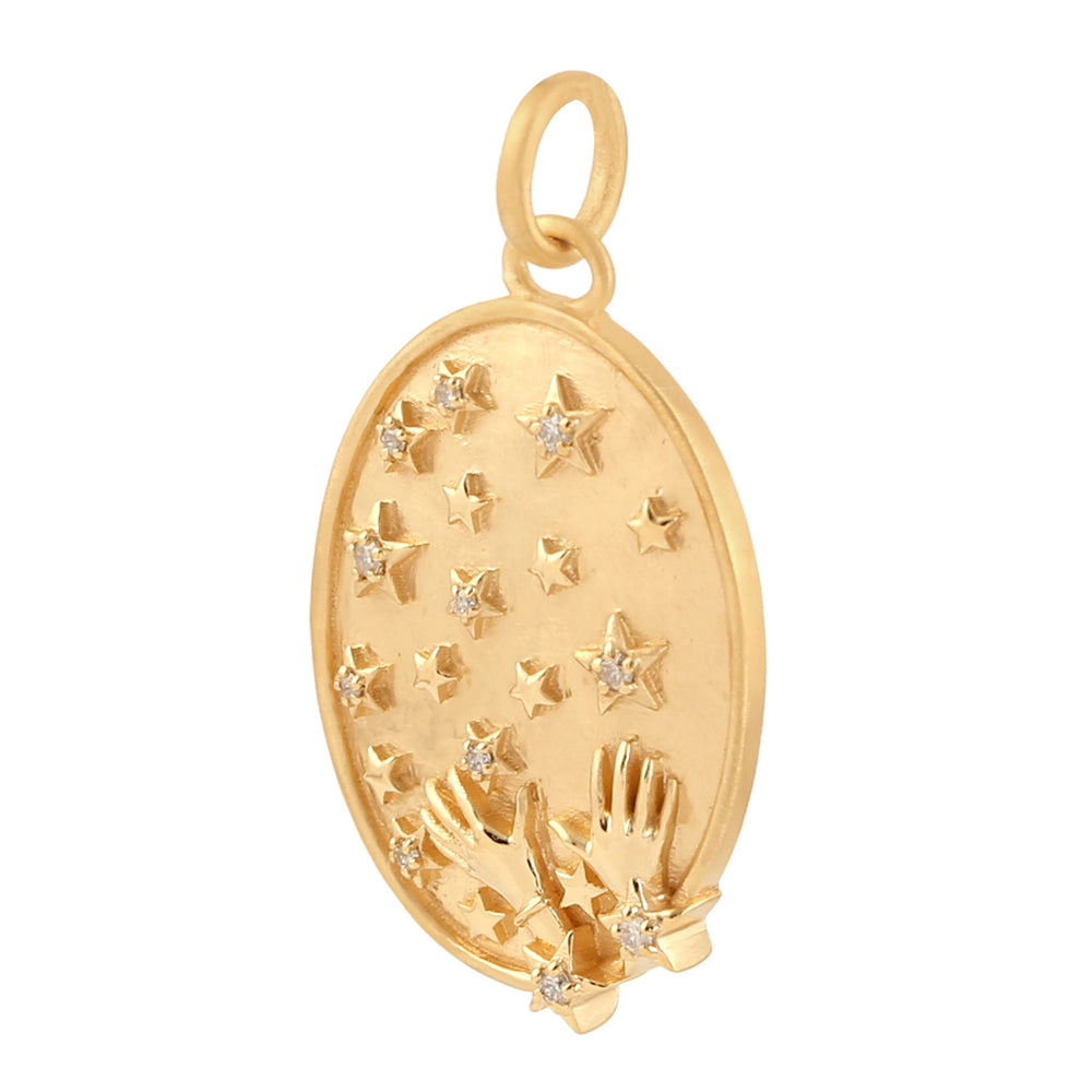 Hand Carved 18k Yellow Gold Pave Diamond Twinkling Star Designer Oval Pendant Fine Jewelry