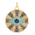 Natural Pave Sapphire Diamond Evil Eye Charm Pendant 14k Gold