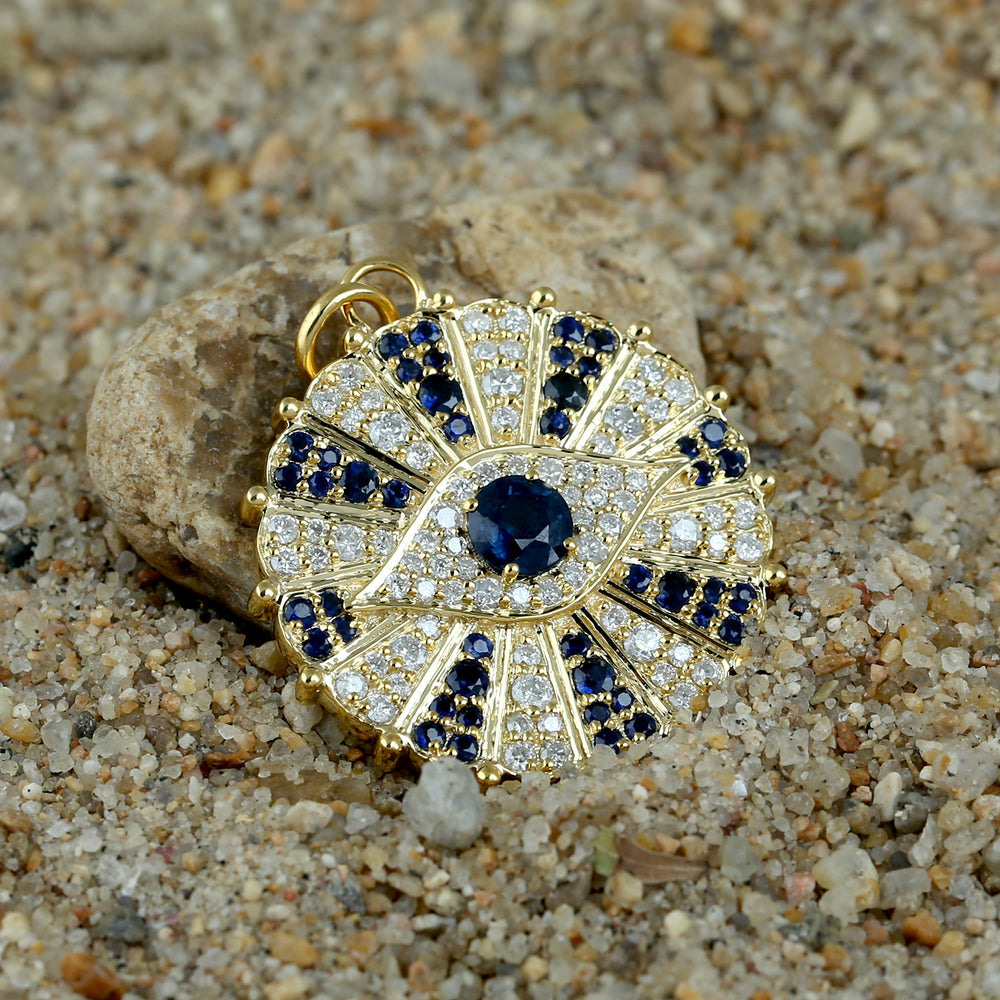 14k Yellow Gold Studded Blue Sapphire Pave Diamond Evil Eye Charm Pendant Fine Jewelry