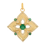 Natural Emerald Pave Diamond Designer Floral Charm Pendant In 14k Yellow Gold