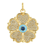 Micro Pave Diamond Sapphire Clover Leaf Design Pendant 14k Yellow Gold