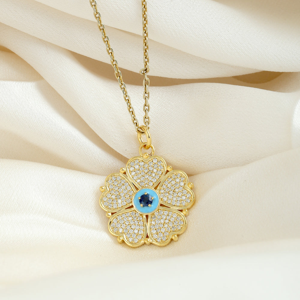 Micro Pave Diamond Sapphire Clover Leaf Design Pendant 14k Yellow Gold