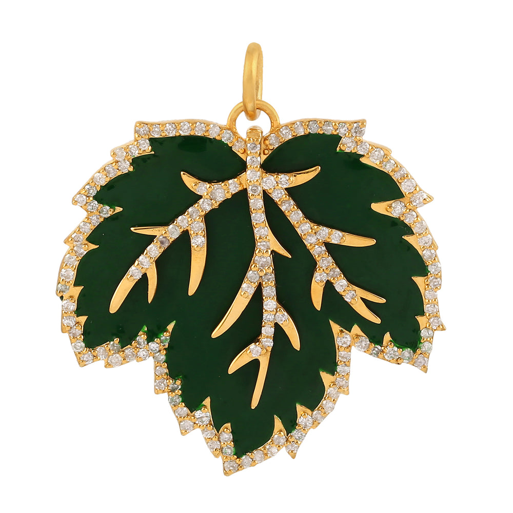 Natural Diamond Maple Leaf Design Enamel Pendant Jewelry In 14k Yellow Gold