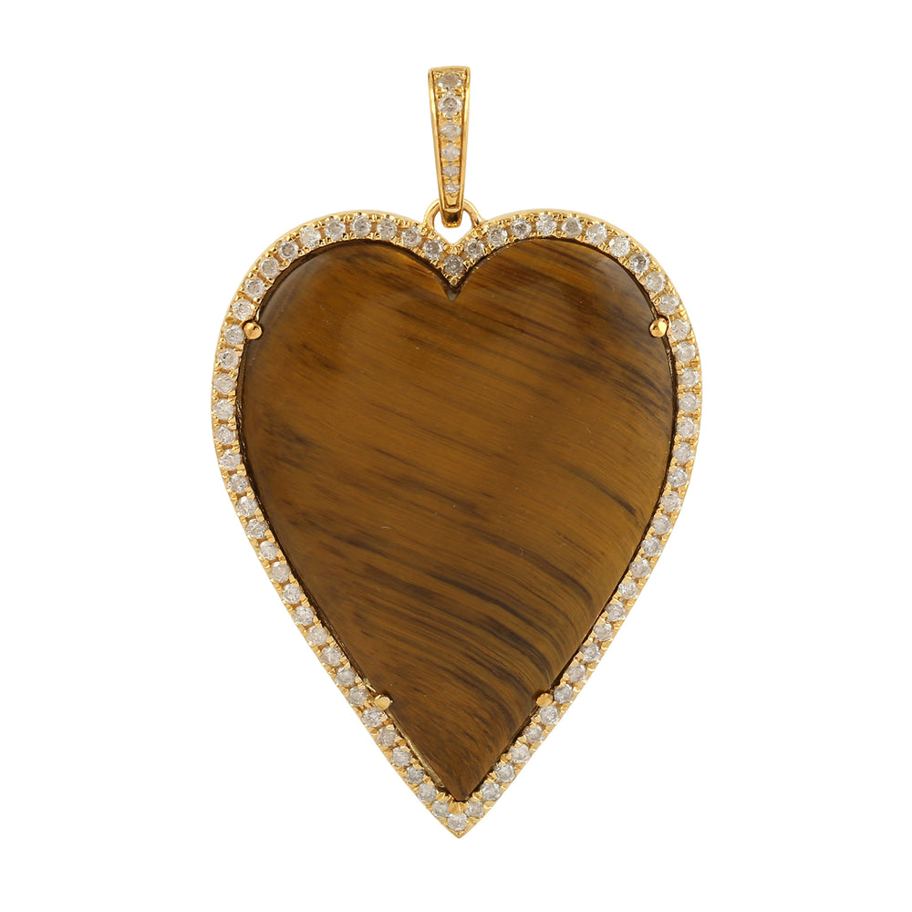 Tiger Eye Gemstone Pave Diamond Heart Shape Pendant In 18k Yellow Gold