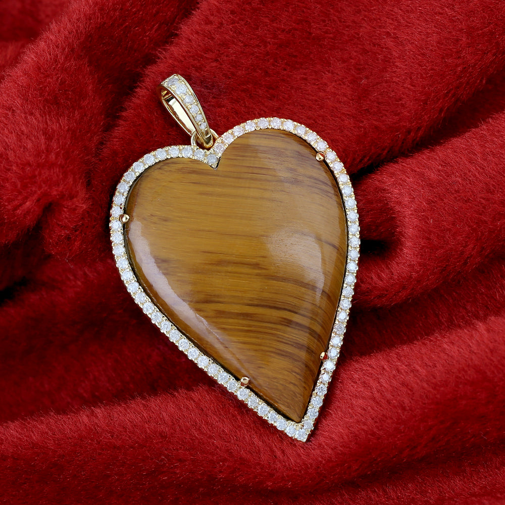 Tiger Eye Gemstone Pave Diamond Heart Shape Pendant In 18k Yellow Gold