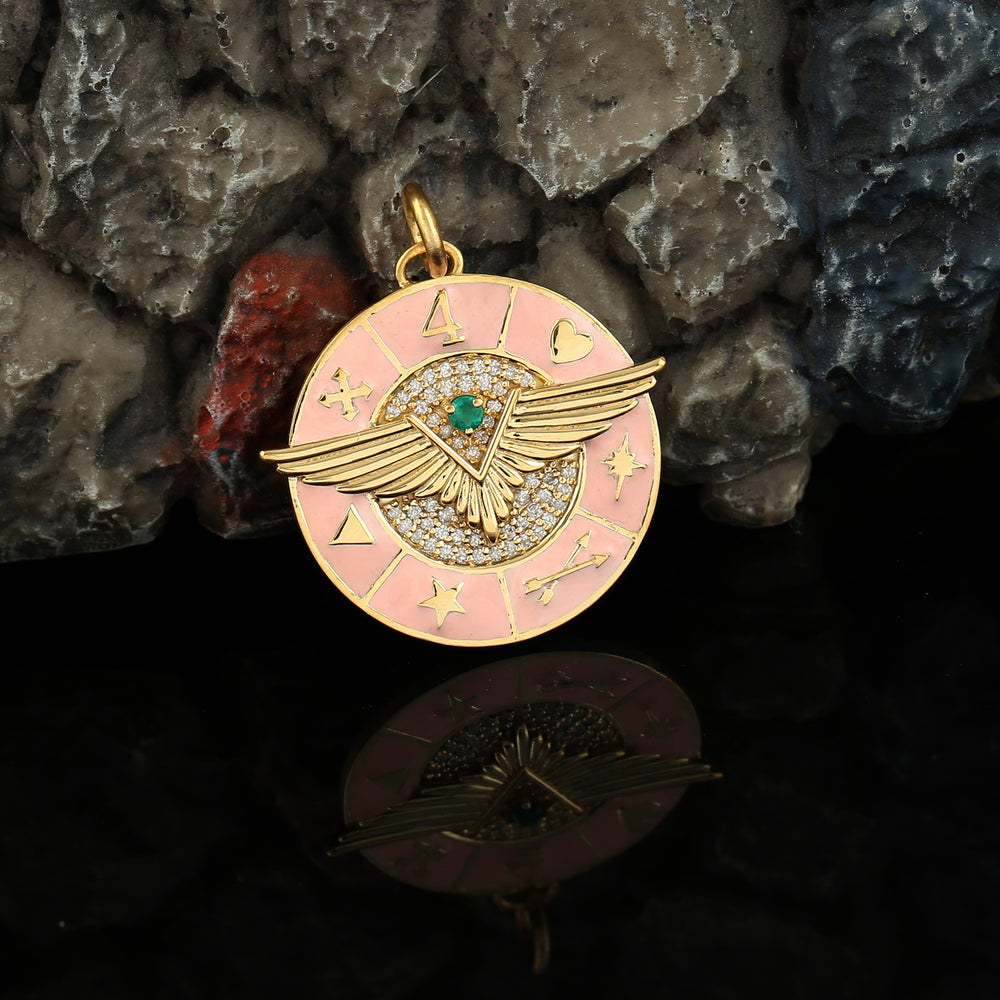 Emerald Pave Diamond Eagle Wings Enamel Pendant In 18k Yellow Gold