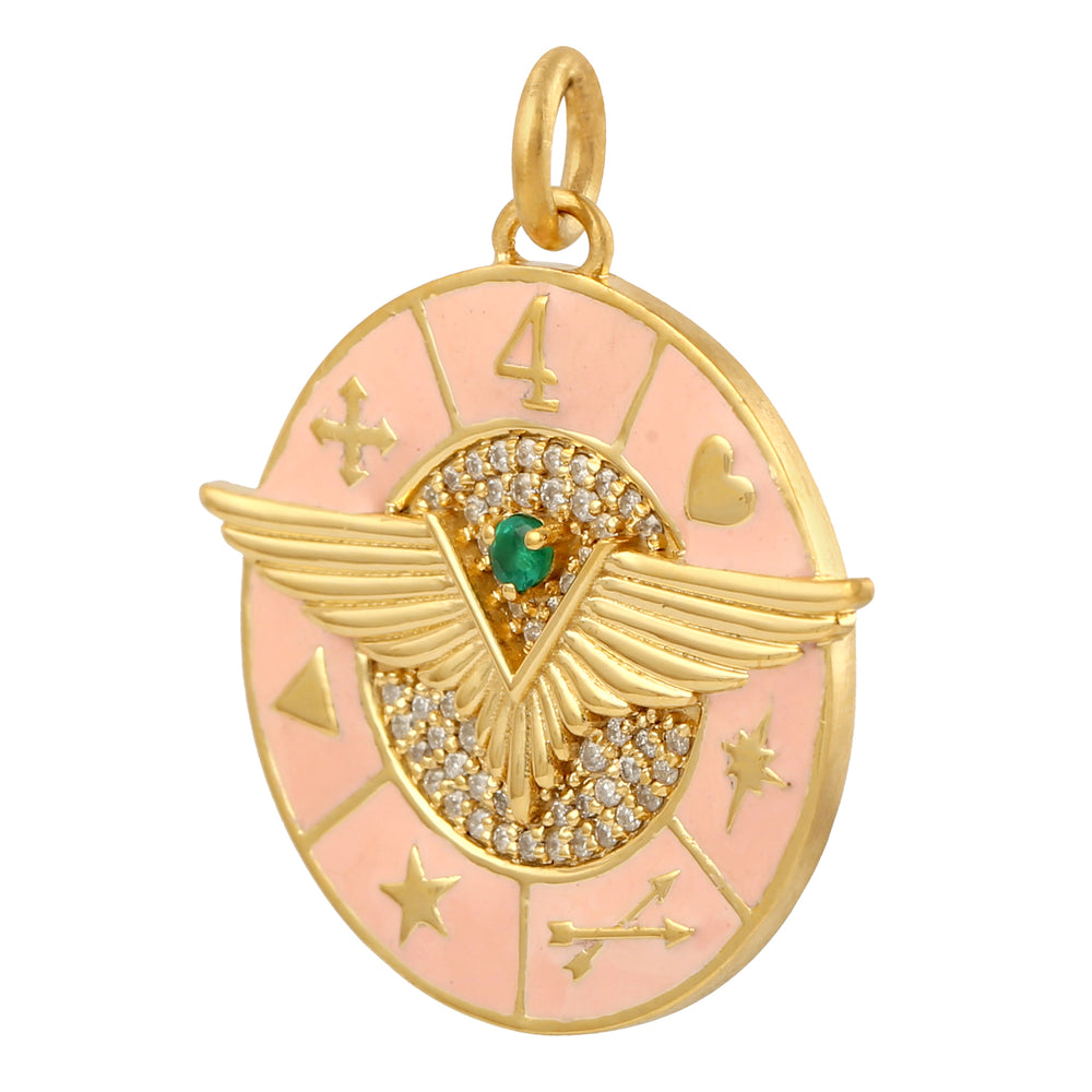 Emerald Pave Diamond Eagle Wings Enamel Pendant In 18k Yellow Gold