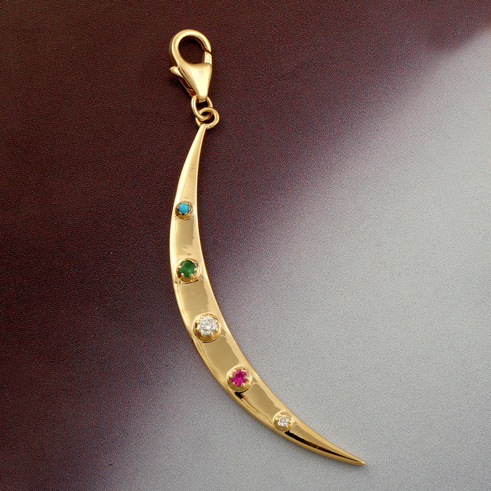Ruby & Multi-Gemstone Crescent Moon Charm Pendant in 18K Yellow Gold – Delicate Jewelry for Her