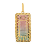 Solid 18k Yellow Gold Watermelon Tourmaline Pave Diamond Baguette Pendant Jewelry