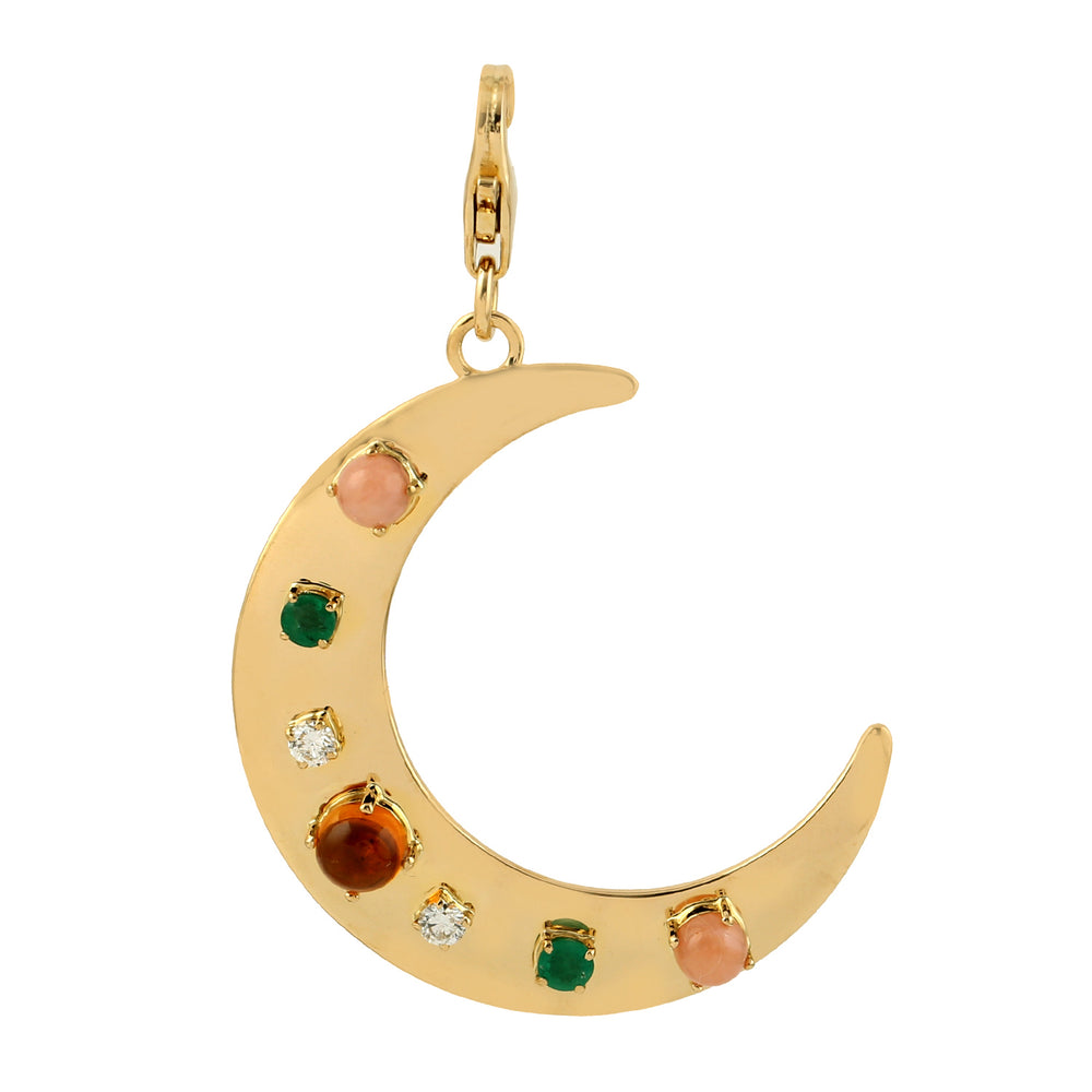 Citrine Emerald Opal Prong Diamond Crescent Moon Pendant In 18k Yellow Gold