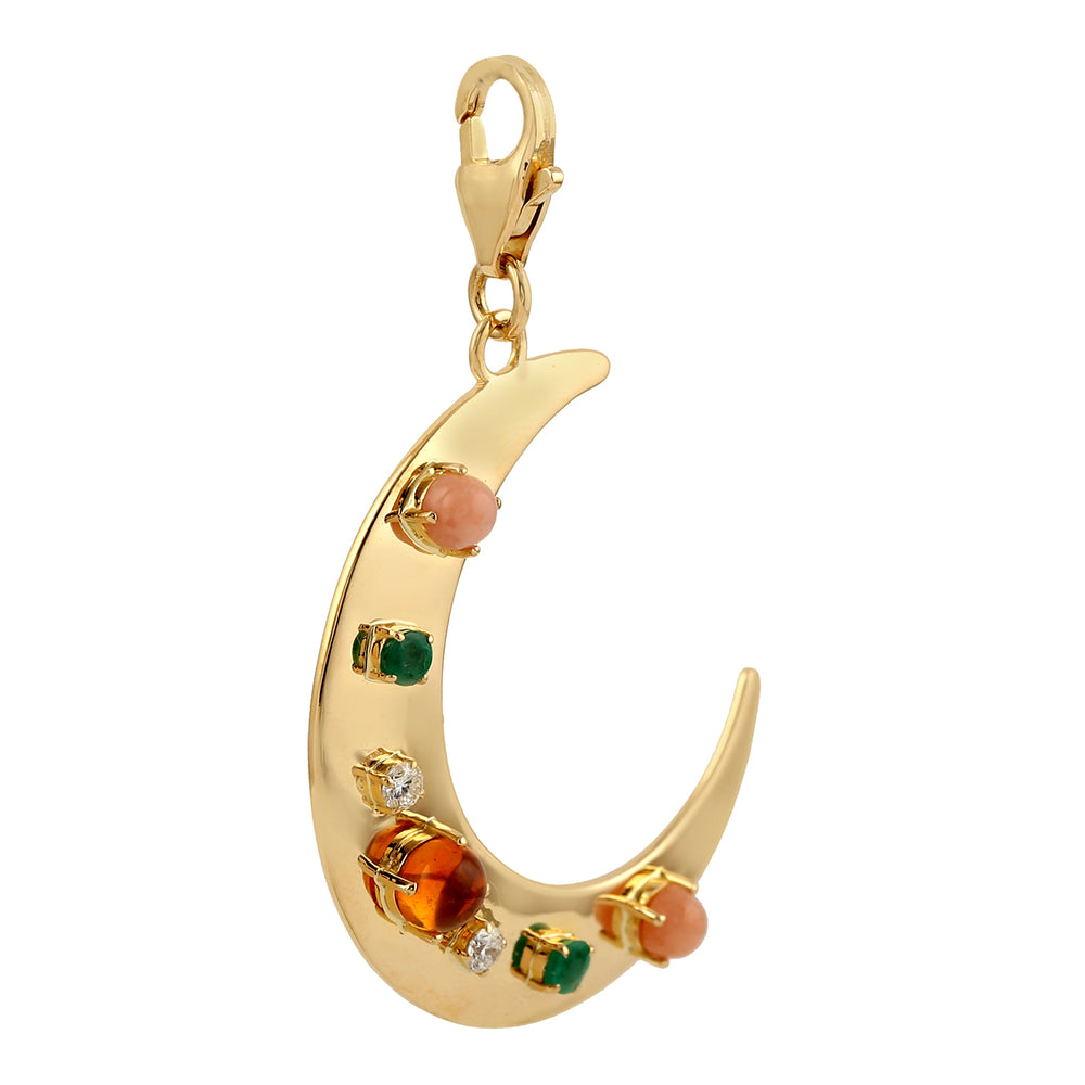 Citrine Emerald Opal Prong Diamond Crescent Moon Pendant In 18k Yellow Gold