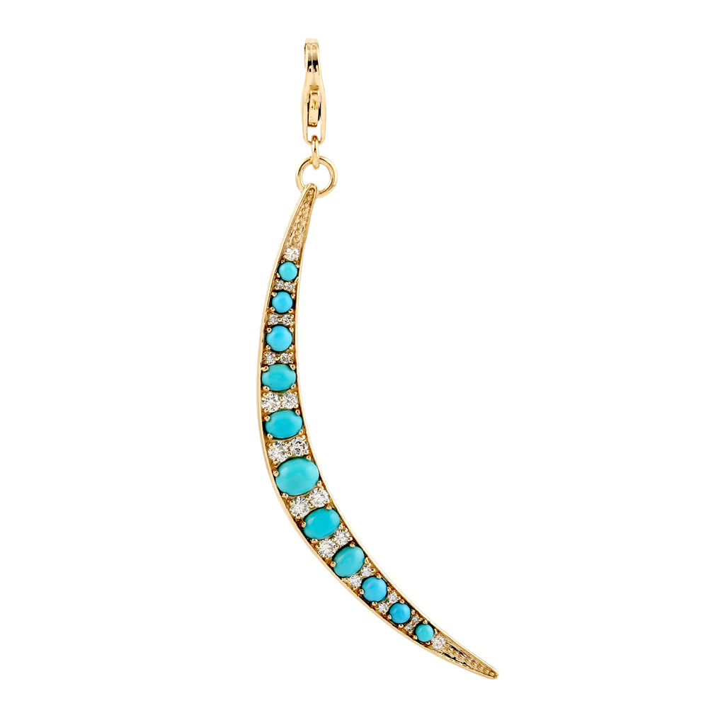 Turquoise Diamond Crescent Moon Charm 18k Yellow Gold pendant