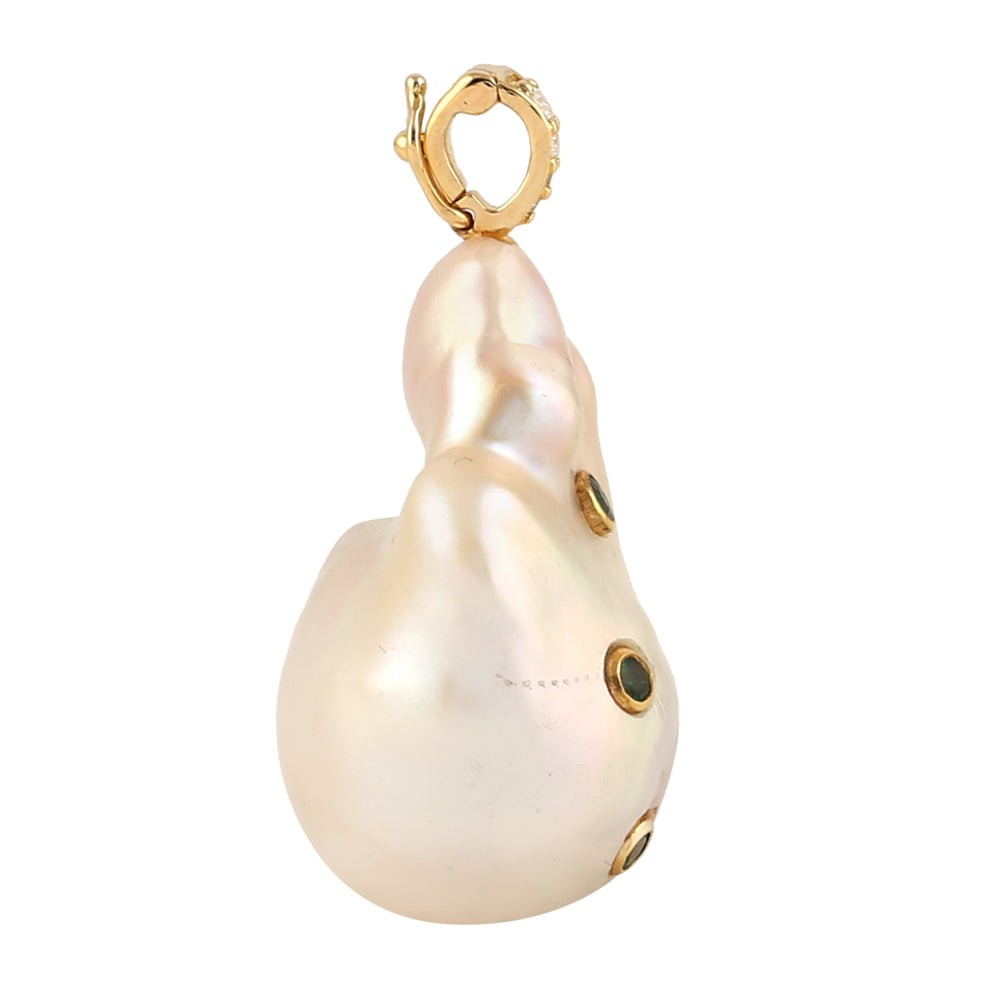 Baroque Pearl Chinese Emerald Diamond Designer Pendant In 14k Yellow