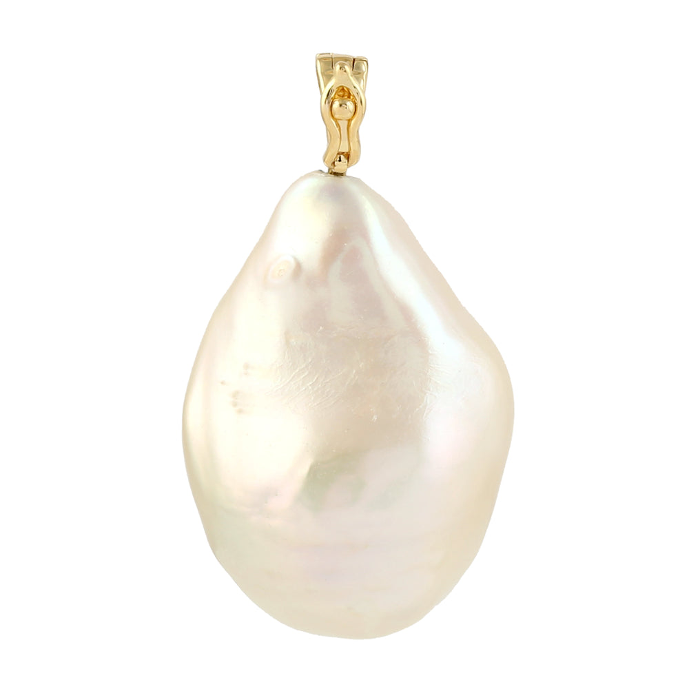 Pave Diamond Unshaped Pearl Chinese Designer Pendant In 14K Yellow Gold