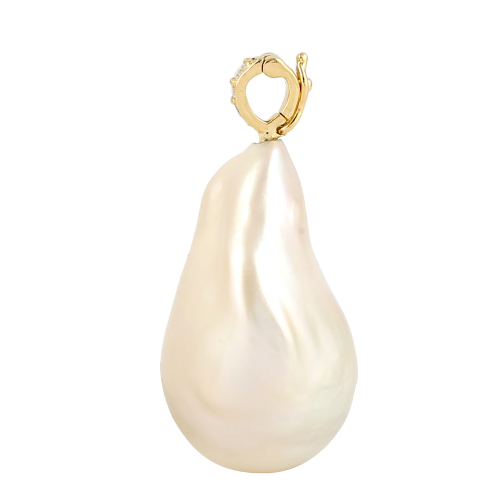 Pave Diamond Unshaped Pearl Chinese Designer Pendant In 14K Yellow Gold