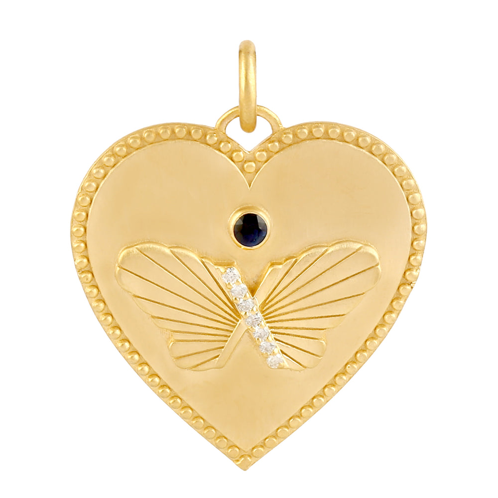 Blue Sapphire Pave Diamond Butterfly And Heart Pendant In 14k Yellow Gold