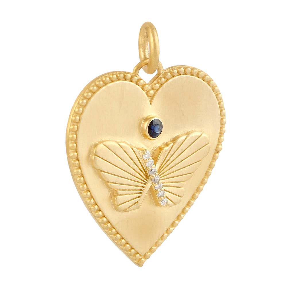 Blue Sapphire Pave Diamond Butterfly And Heart Pendant In 14k Yellow Gold