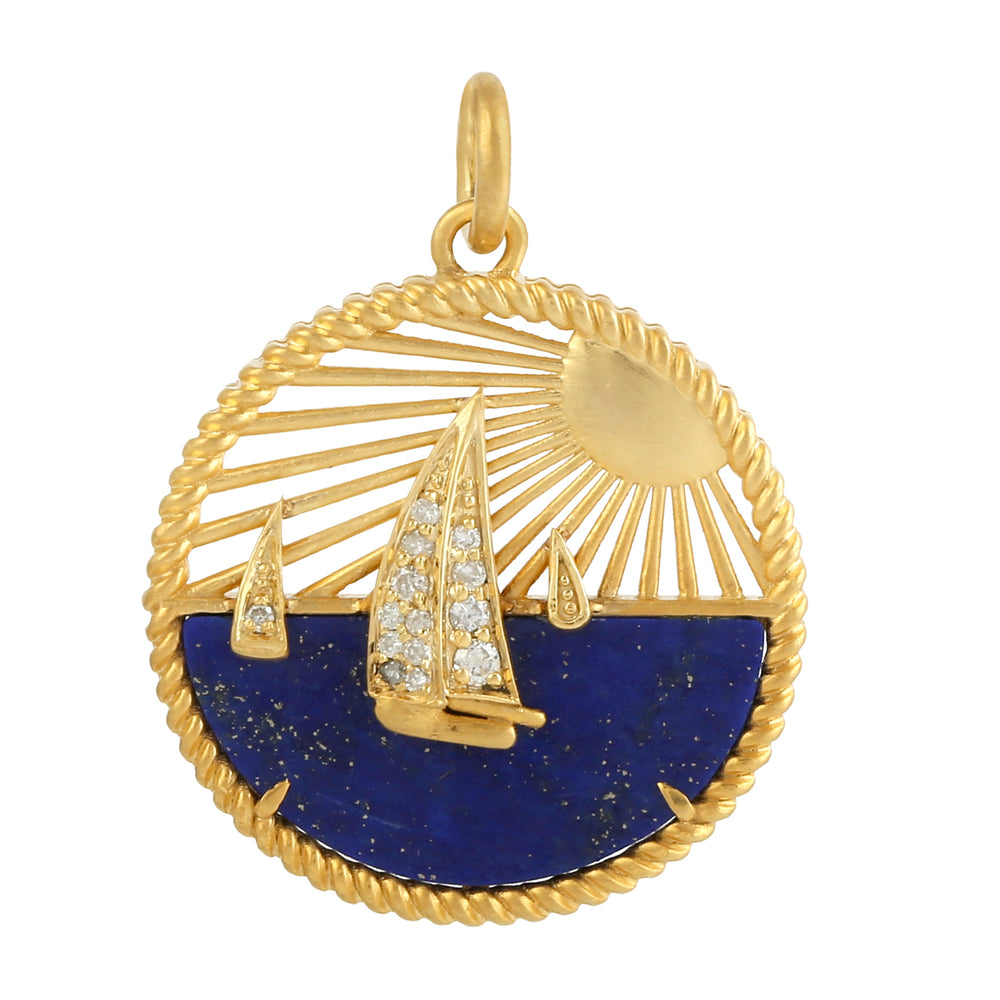 Lapis Gemstone Sun & Sailboat Pendant with Pave Diamonds in 14K Yellow Gold