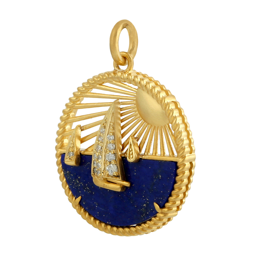 Lapis Gemstone Sun & Sailboat Pendant with Pave Diamonds in 14K Yellow Gold