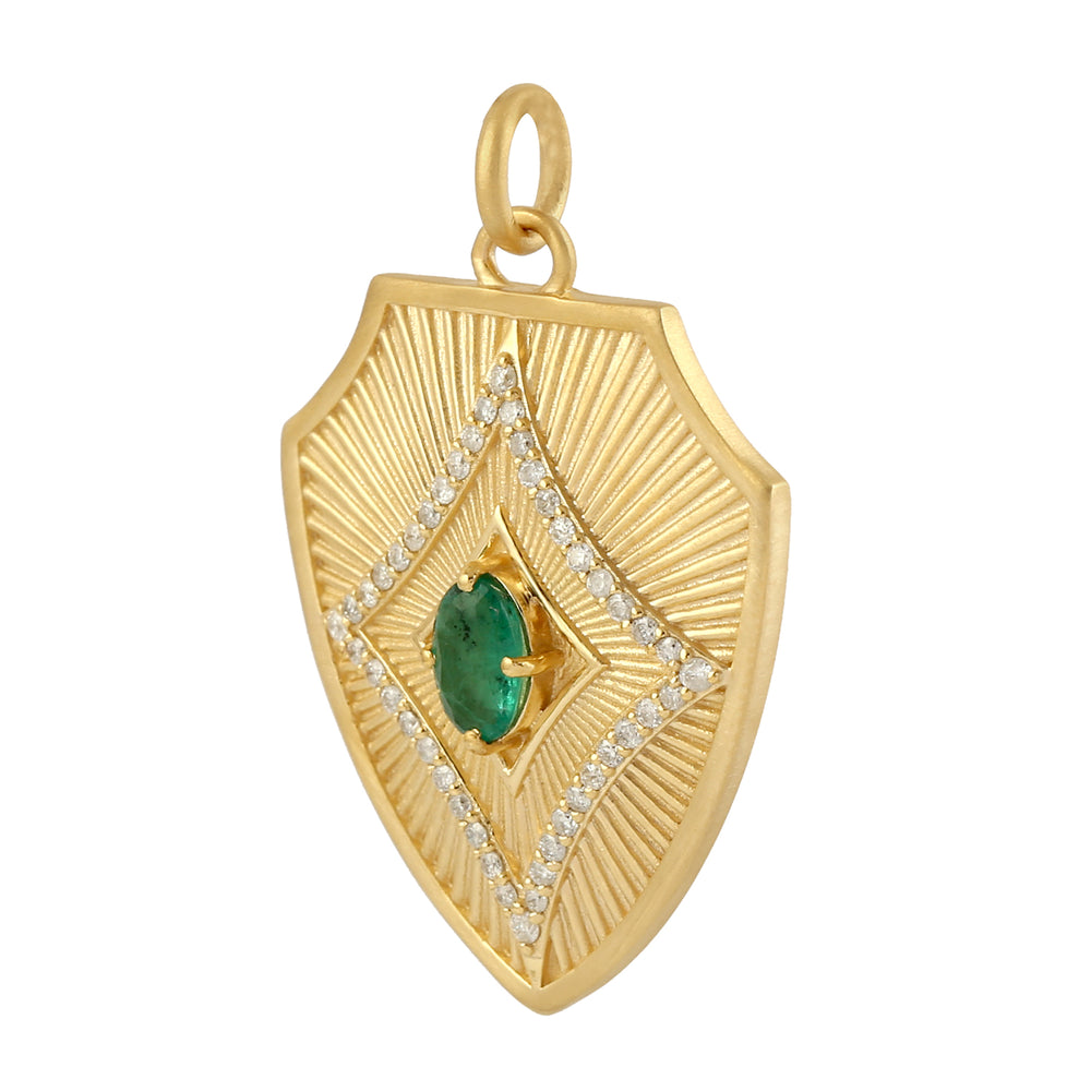 Natural Emerald Pave Diamond Designer Vintage Look Pendant In 14k Yellow Gold