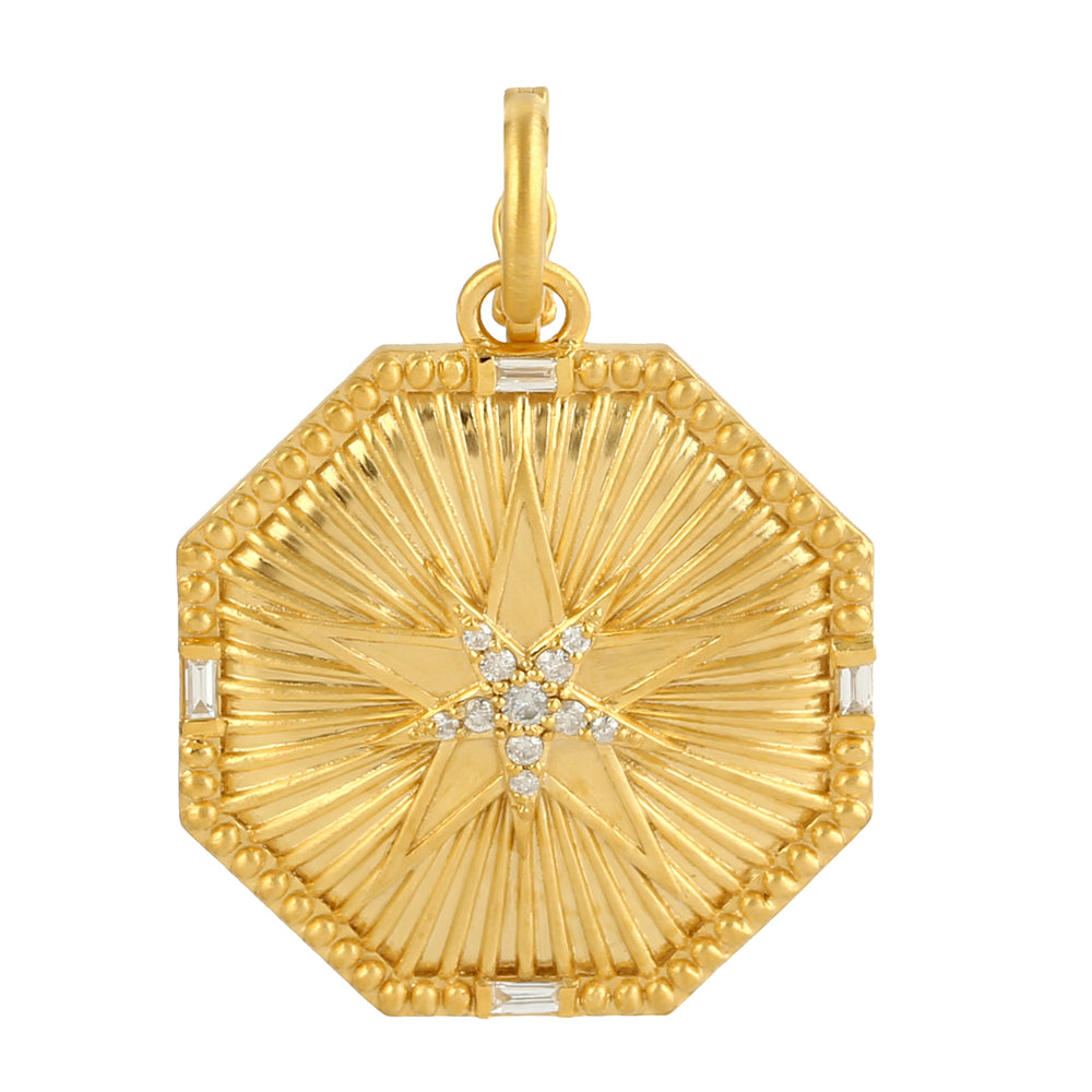 14K Yellow Gold Baguette & Round Diamond Hexagon Star Pendant – Geometric Jewelry for Women