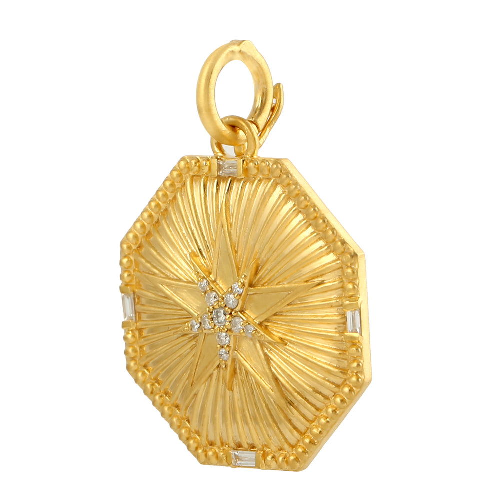 14K Yellow Gold Baguette & Round Diamond Hexagon Star Pendant – Geometric Jewelry for Women