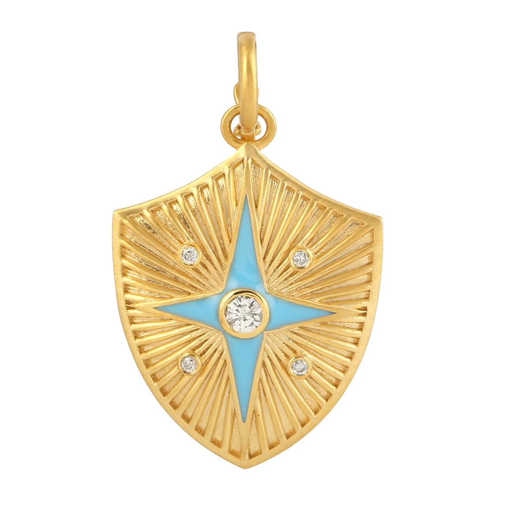 14k Yellow Gold Bezel Diamond Star And Shield Enamel Pendant