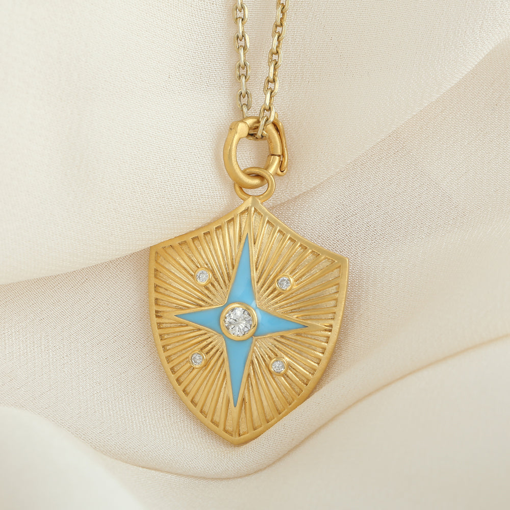 14k Yellow Gold Bezel Diamond Star And Shield Enamel Pendant