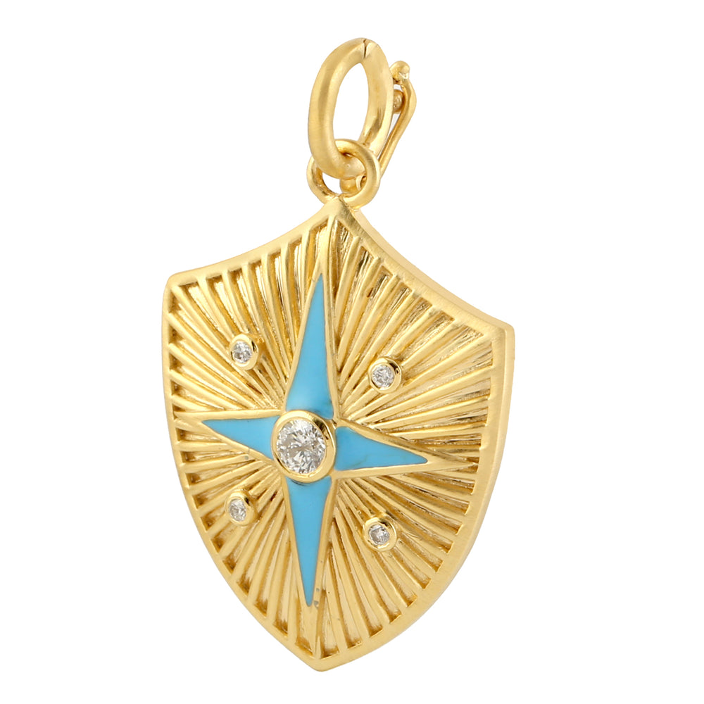 14k Yellow Gold Bezel Diamond Star And Shield Enamel Pendant
