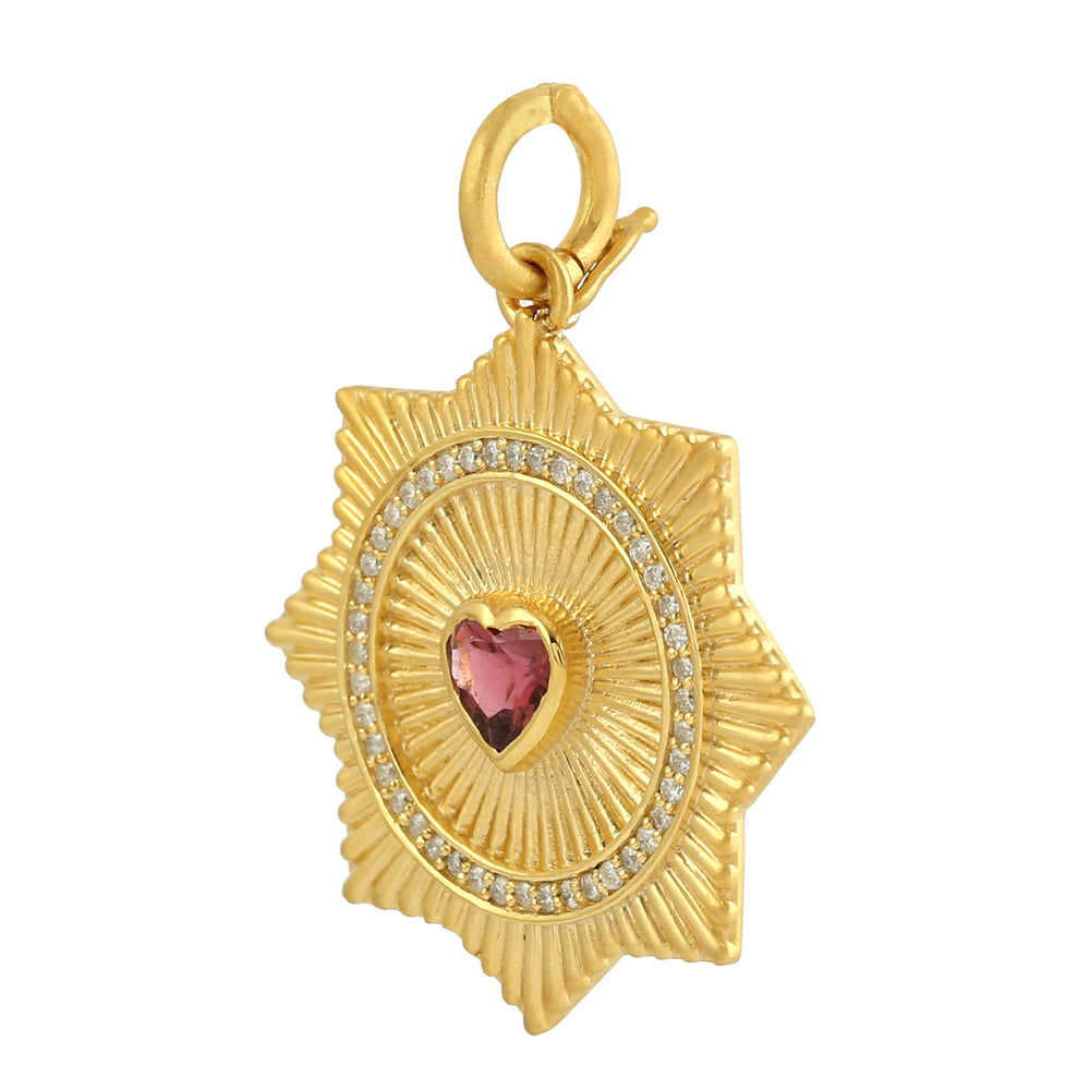 14k Yellow Gold Pave Diamond Heart Cut Tourmaline Pendant Women's Jewelry