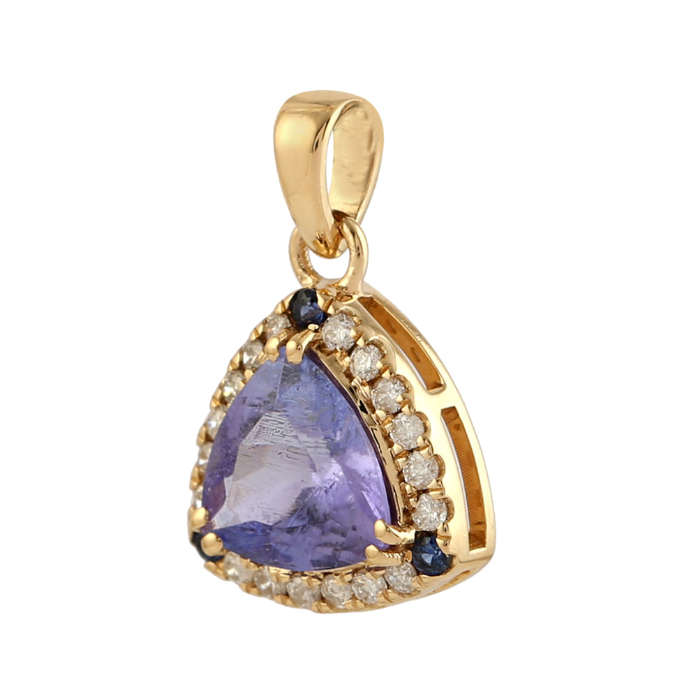 Trillion Tanzanite Pave Diamond Beautiful Charm Pendant In 18k Yellow Gold Gift