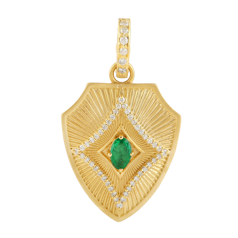 Oval Cut Emerald Pave Diamond Handmade Shield Pendant In 14k Yellow Gold