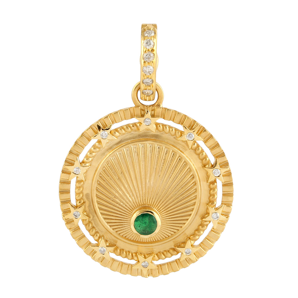 Emerald Bezel Set Diamond Sunburst & Star Pendant In 14k Yellow Gold