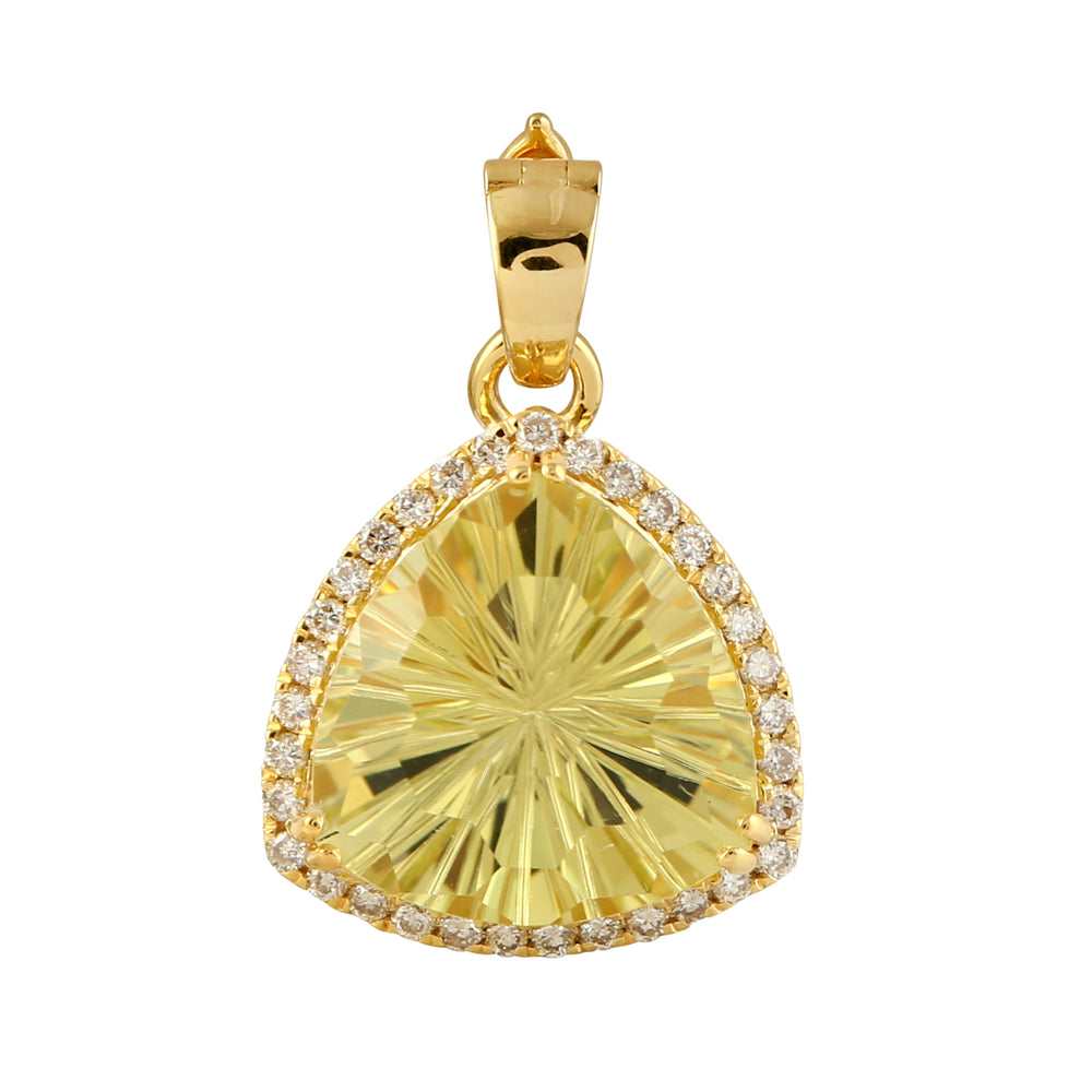 18k Yellow Gold Trillion Cut Lemon Quartz Pendant with Pave Diamond Detailing