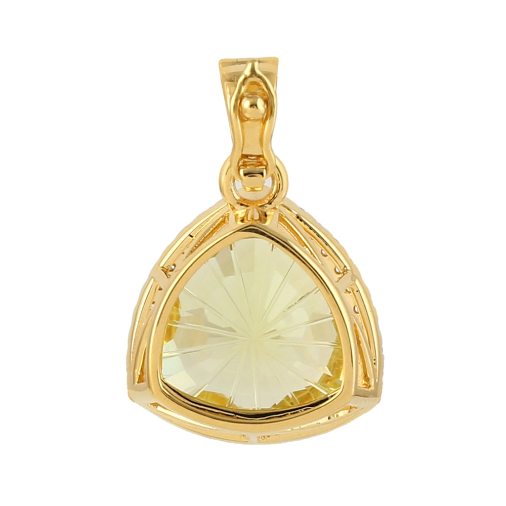 18k Yellow Gold Trillion Cut Lemon Quartz Pendant with Pave Diamond Detailing