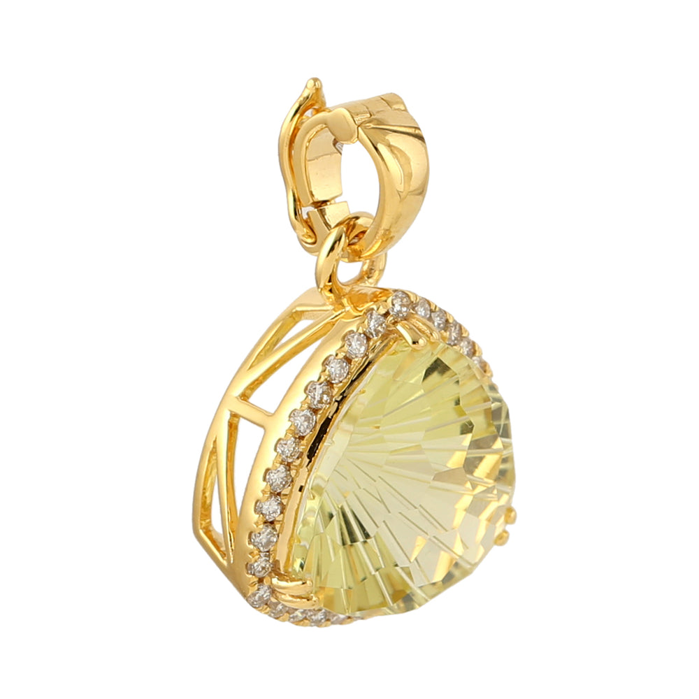 18k Yellow Gold Trillion Cut Lemon Quartz Pendant with Pave Diamond Detailing