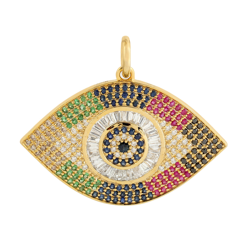 Natural Diamond Sapphire Ruby Multicolor Evil Eye Charm Pendant In Yellow Gold