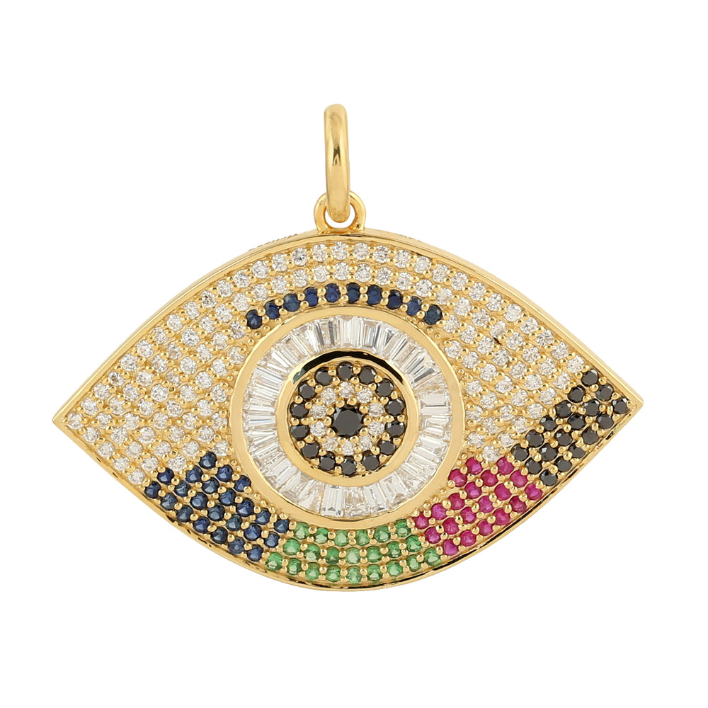 Baguette Diamond Multi Sapphire Gemstone Evil Eye Charm Pendant In 14k Yellow Gold