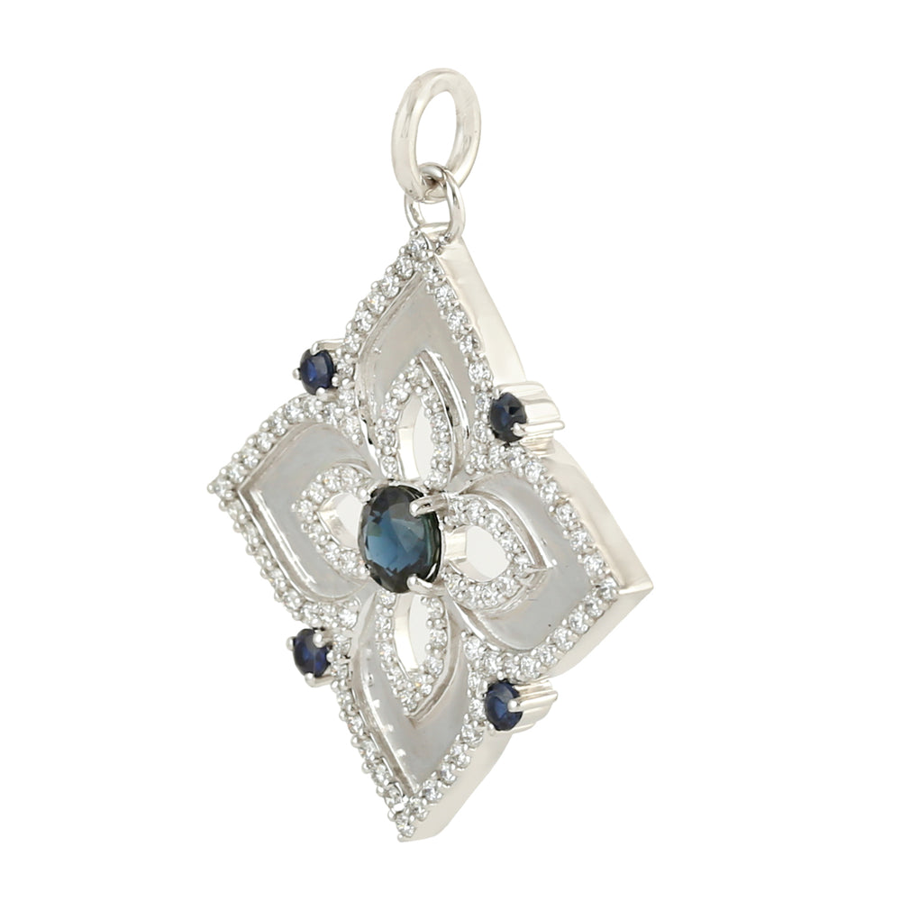 Blue Sapphire Diamond Designer Floral Design Pendant In 18k White Gold