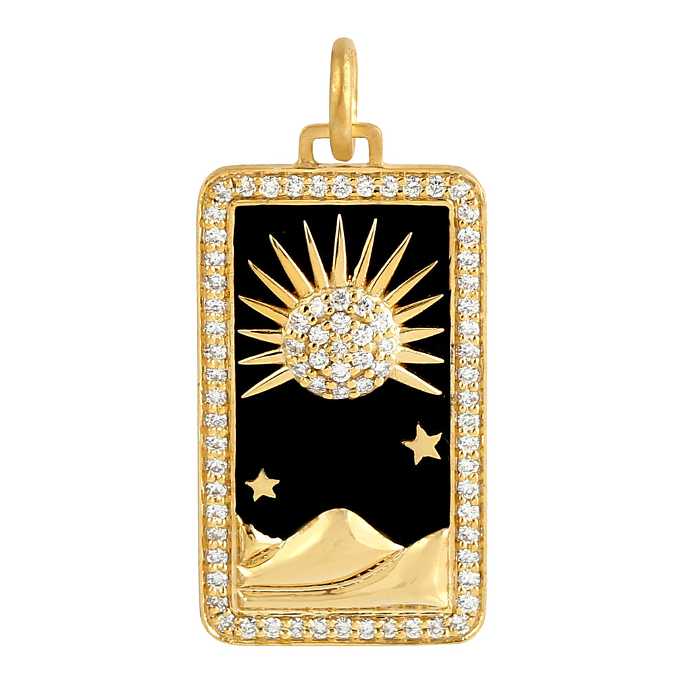 Sun & Desert Design Pave Diamond Tarot Card Enamel Pendant In 14k Yellow Gold