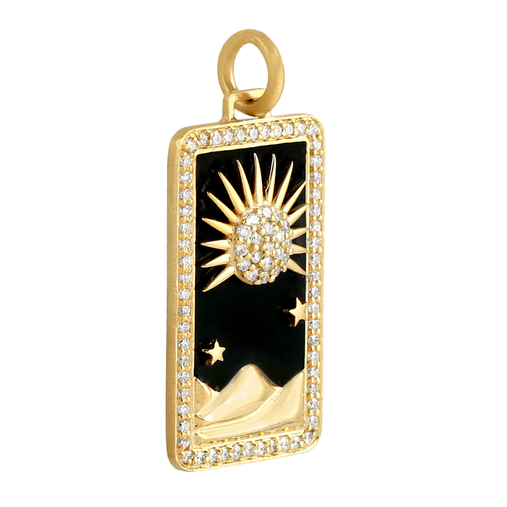 Sun & Desert Design Pave Diamond Tarot Card Enamel Pendant In 14k Yellow Gold