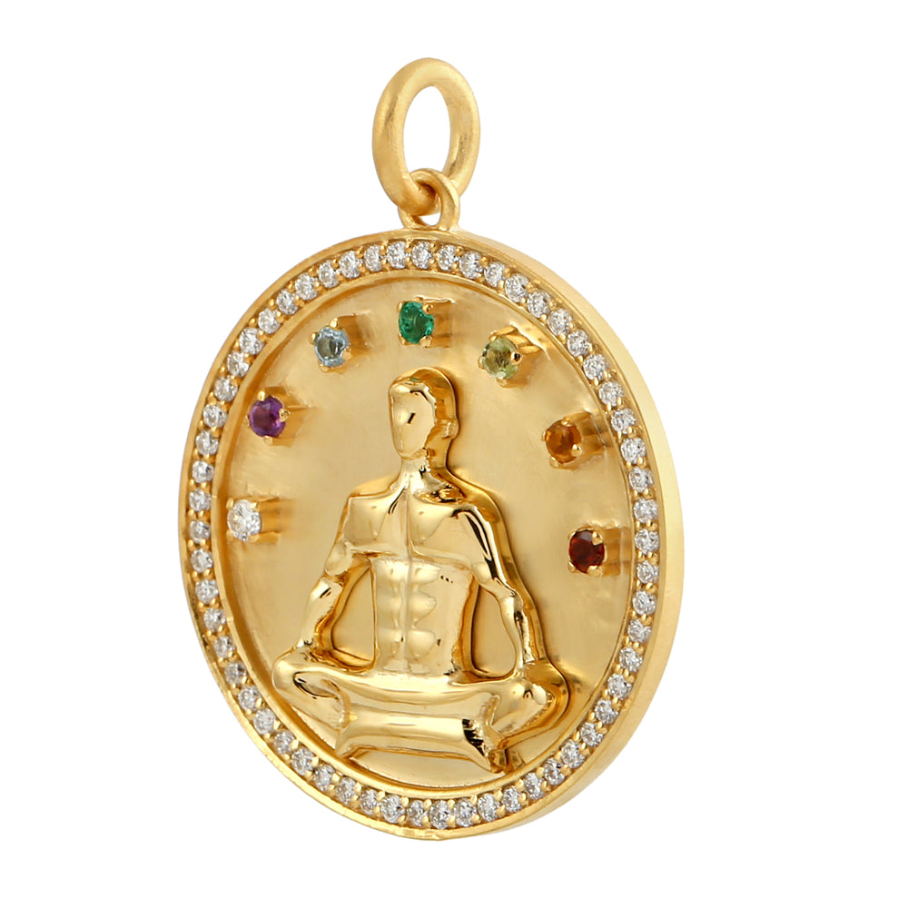 Amethyst Multi Gemstone Pave Diamond Padma Sana Yoga Mudra Pendant in Yellow Gold