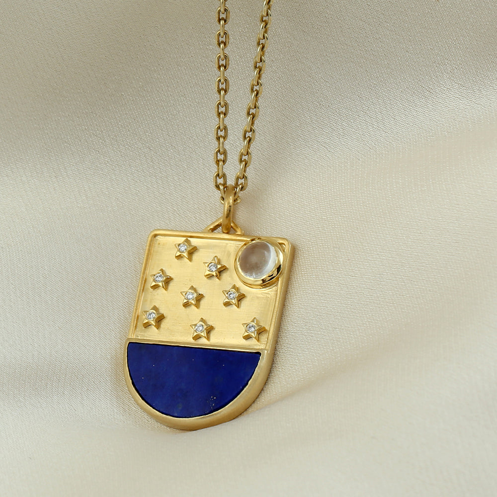 D Cut Lapis Bezel Moonstone Prong Diamond Sun Star Pendant In 14k Yellow Gold